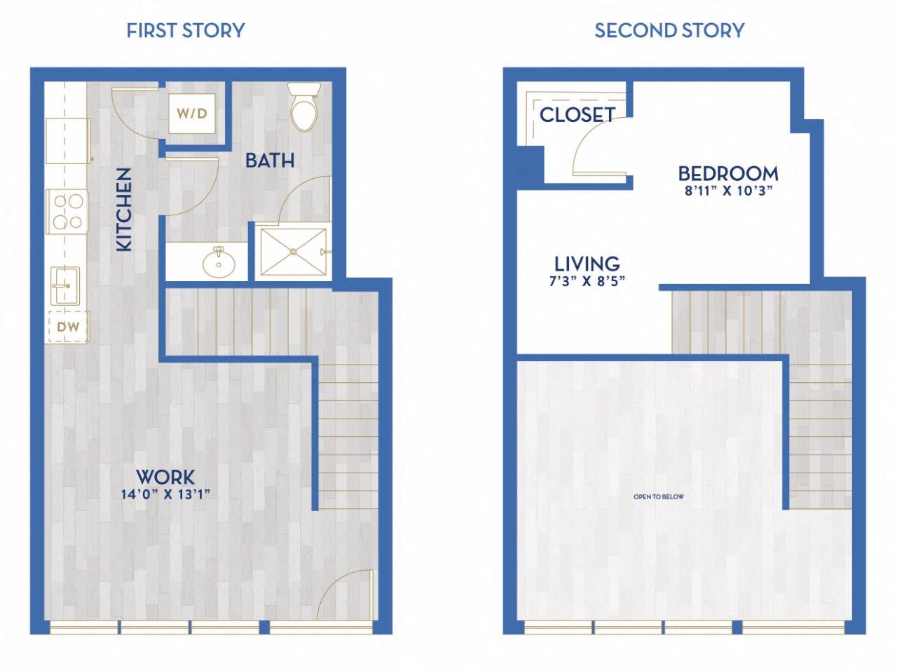 Floor plan layout diagram for LWA - Live Work Unit - One Bed, One Bath